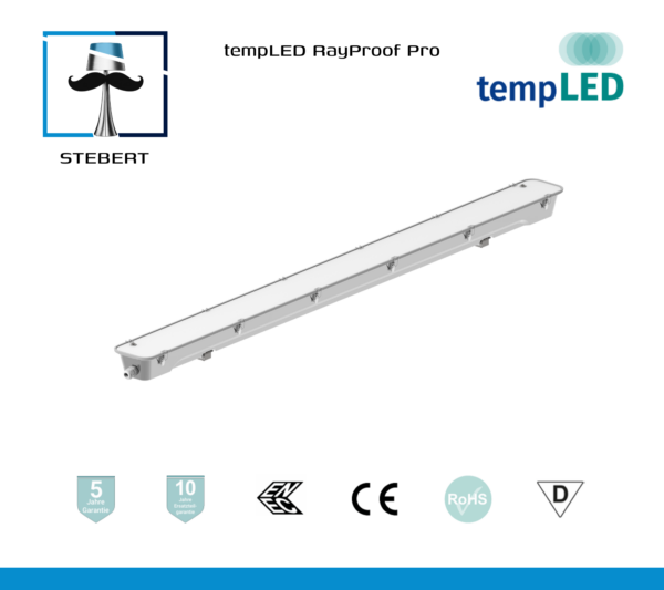 NEU! tempLED RayProof Pro V2 - Wannenleuchte Edelstahl, Ammoniak-beständig, flimmerfrei, IP65, Industrie, Kuhstall