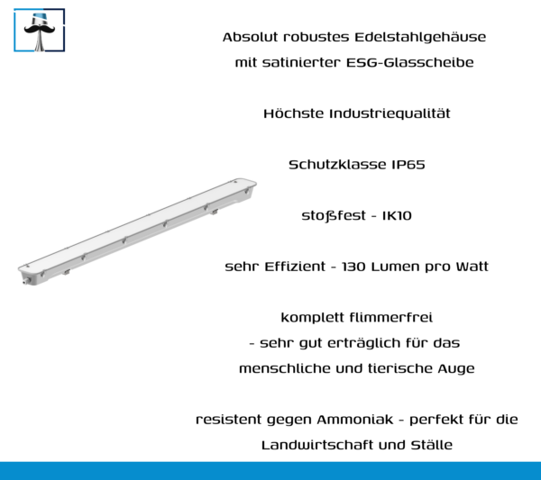 NEU! tempLED RayProof Pro V2 - Wannenleuchte Edelstahl, Ammoniak-beständig, flimmerfrei, IP65, Industrie, Kuhstall – Bild 2